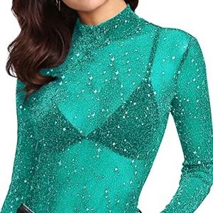 NWOT Women’s Long Sleeve Glitter Sheer Mock Neck Mesh Blue Rave Top, Size Medium